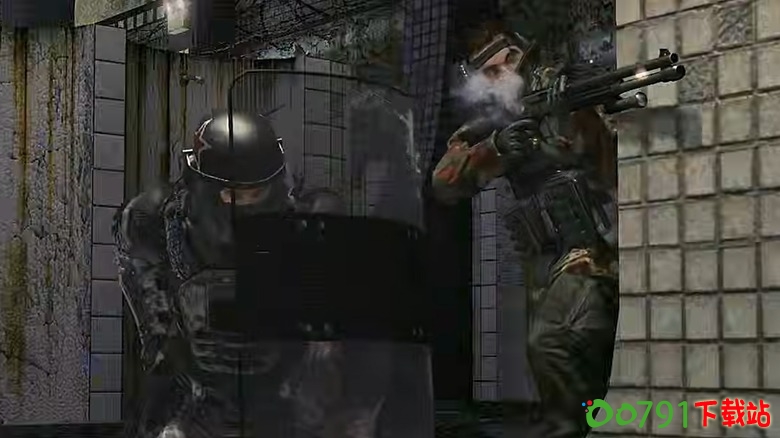 《使命召唤:现代战争2》古拉格关卡中的一名持防暴盾牌的守卫和一名持霰弹枪的士兵